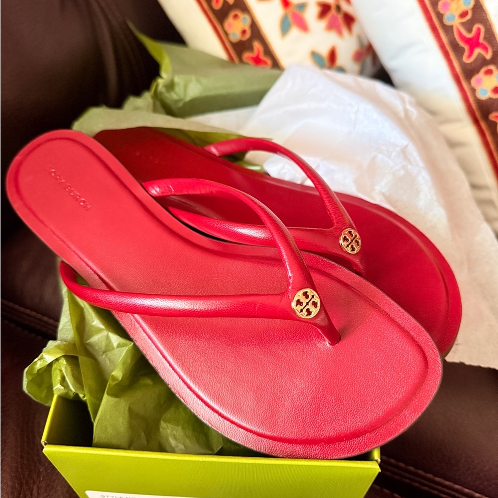 Tory Burch Red Leather Logo Thong Sandals